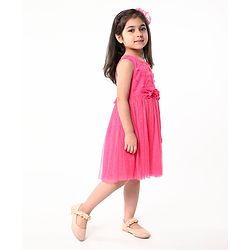 Babyhug Sleeveless  Solid Dress With Flower Applique - Fuschia