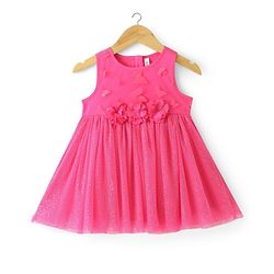 Babyhug Sleeveless  Solid Dress With Flower Applique - Fuschia