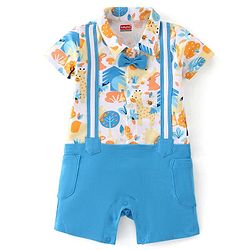 Babyhug 100% Cotton Knit Half Sleeves Party Romper with Bow Tie & Bunny Print - Blue