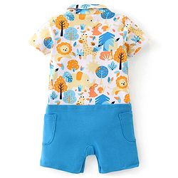 Babyhug 100% Cotton Knit Half Sleeves Party Romper with Bow Tie & Bunny Print - Blue
