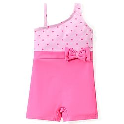 Babyhug One Shoulder Sleeveless Polka Dots Printed Legged Swimsuit with Bow Applique - Pink