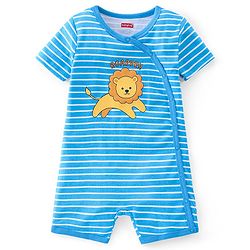 Babyhug 100% Cotton Knit Half Sleeves Romper With Striped & Lion Print - Blue