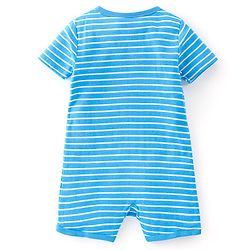 Babyhug 100% Cotton Knit Half Sleeves Romper With Striped & Lion Print - Blue