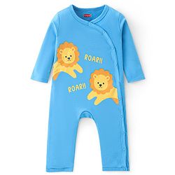 Babyhug 100% Cotton Knit Full Sleeves Romper With Lion Print - Blue