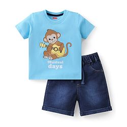 Babyhug Cotton Knit Half Sleeves T-Shirt & Denim  Shorts Set with Monkey Print - Blue