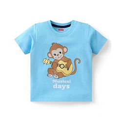 Babyhug Cotton Knit Half Sleeves T-Shirt & Denim  Shorts Set with Monkey Print - Blue