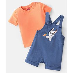Babyhug 100% Cotton Single Jersey Knit Dungaree and Half Sleeves Tee Set Bunny Print - Orange & Blue