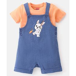 Babyhug 100% Cotton Single Jersey Knit Dungaree and Half Sleeves Tee Set Bunny Print - Orange & Blue