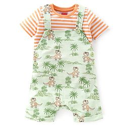 Babyhug 100% Cotton Single Jersey Knit Dino Printed Dungaree and Half Sleeves Striped T-Shirt Set - Orange & Green