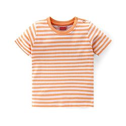 Babyhug 100% Cotton Single Jersey Knit Dino Printed Dungaree and Half Sleeves Striped T-Shirt Set - Orange & Green