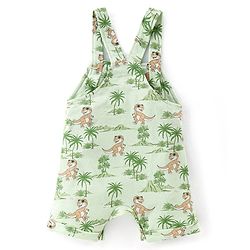 Babyhug 100% Cotton Single Jersey Knit Dino Printed Dungaree and Half Sleeves Striped T-Shirt Set - Orange & Green
