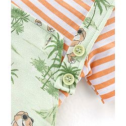Babyhug 100% Cotton Single Jersey Knit Dino Printed Dungaree and Half Sleeves Striped T-Shirt Set - Orange & Green