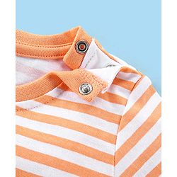 Babyhug 100% Cotton Single Jersey Knit Dino Printed Dungaree and Half Sleeves Striped T-Shirt Set - Orange & Green
