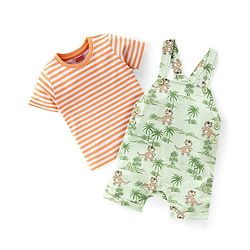 Babyhug 100% Cotton Single Jersey Knit Dino Printed Dungaree and Half Sleeves Striped T-Shirt Set - Orange & Green