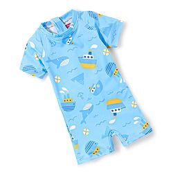 Babyhug Half Sleeves Shark Print Legged Swimsuit - Blue