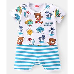 Babyhug 100% Cotton Knit Half Sleeves Striped Romper with Beach Theme - Blue & White