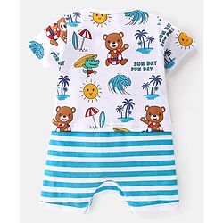 Babyhug 100% Cotton Knit Half Sleeves Striped Romper with Beach Theme - Blue & White