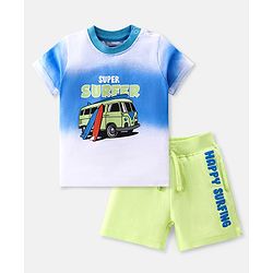 Babyhug 100% Cotton Single Jersey Knit Half Sleeves T-Shirt & Shorts Set Surfboard Print - White & Green