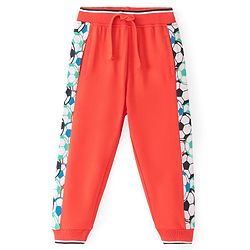 Babyhug Cotton Knit Full Length Lounge Pant With Football Print - Red