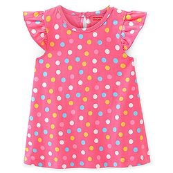 Babyhug Cotton Knit Flutter Sleeve Nighty with Polka Dots - Pink