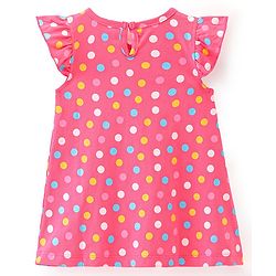 Babyhug Cotton Knit Flutter Sleeve Nighty with Polka Dots - Pink