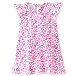 Babyhug Cotton Knit Flutter Sleeves Nighty with Heart Print - Pink