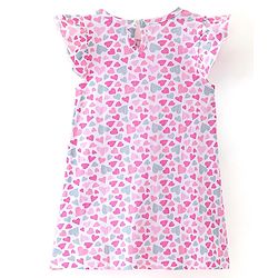 Babyhug Cotton Knit Flutter Sleeves Nighty with Heart Print - Pink