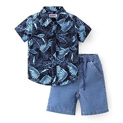 Babyhug Cotton Woven Half Sleeves Shirt & Denim Shorts Set Leaf Print - Blue