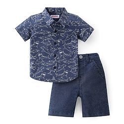 Babyhug Cotton Woven Half Sleeves Shirt & Denim Shorts With Shark Print - Navy Blue