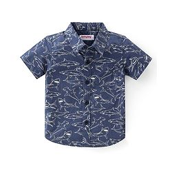 Babyhug Cotton Woven Half Sleeves Shirt & Denim Shorts With Shark Print - Navy Blue