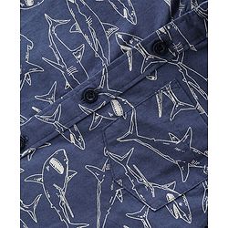 Babyhug Cotton Woven Half Sleeves Shirt & Denim Shorts With Shark Print - Navy Blue
