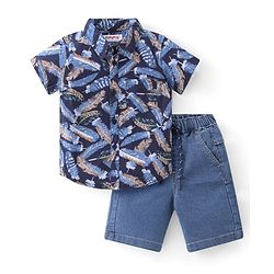 Babyhug Cotton Woven Half Sleeves Shirt & Denim Shorts With Feather - Navy Blue