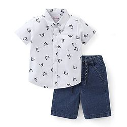 Babyhug Cotton Woven Half Sleeves Shirt and Denim Shorts Set Fish Print - White & Blue