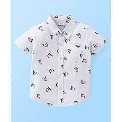 Babyhug Cotton Woven Half Sleeves Shirt and Denim Shorts Set Fish Print - White & Blue