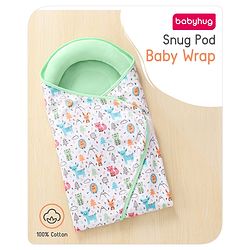 Babyhug Premium Cotton Snug Pod Baby Wrap Animal Print- White & Green