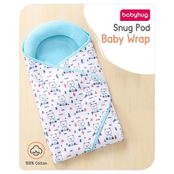 Babyhug Premium Cotton Snug Pod Baby Wrap Animal Print- White & Green