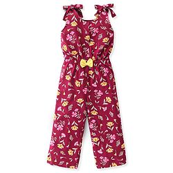 Babyhug 100% Cotton Jersey Knit Shoulder Strap Jumpsuit with Bow Applique Floral Print - Maroon