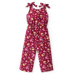 Babyhug 100% Cotton Jersey Knit Shoulder Strap Jumpsuit with Bow Applique Floral Print - Maroon