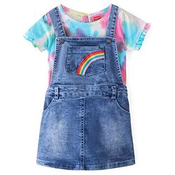 Babyhug Cotton Knit Half Sleeves T-Shirt &  Denim Frock Rainbow Tie & Die - Blue