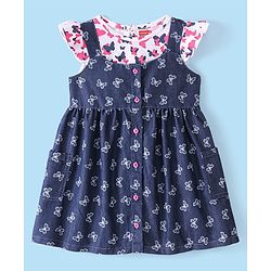 Babyhug Cotton Knit Frill Sleeves T-Shirt &  Denim Frock  Butterfly Print - Blue & Pink