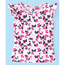 Babyhug Cotton Knit Frill Sleeves T-Shirt &  Denim Frock  Butterfly Print - Blue & Pink