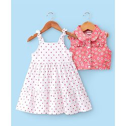 Babyhug Cotton Jersey Woven Sleeveless Frock with Sleeveless Jacket Floral Print - White & Peach