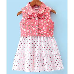 Babyhug Cotton Jersey Woven Sleeveless Frock with Sleeveless Jacket Floral Print - White & Peach