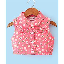 Babyhug Cotton Jersey Woven Sleeveless Frock with Sleeveless Jacket Floral Print - White & Peach