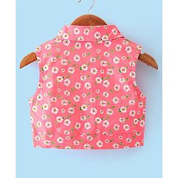 Babyhug Cotton Jersey Woven Sleeveless Frock with Sleeveless Jacket Floral Print - White & Peach