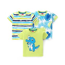 Babyhug Cotton Knit Half Sleeves T-Shirt with Striped Leaf & Crocodile Graphics Pack of 3 - Multicolour