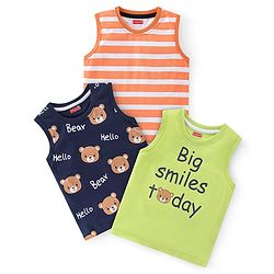Babyhug 100% Cotton Knit Sleeveless T-Shirt Stripes & Bear Graphics Pack Of 3 - Multicolor