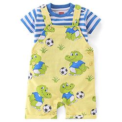 Babyhug 100% Cotton Single Jersey Knit Dino Printed Dungaree and Half Sleeves Striped T-Shirt Set - Blue & Yellow