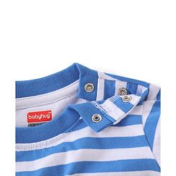 Babyhug 100% Cotton Single Jersey Knit Dino Printed Dungaree and Half Sleeves Striped T-Shirt Set - Blue & Yellow