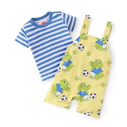 Babyhug 100% Cotton Single Jersey Knit Dino Printed Dungaree and Half Sleeves Striped T-Shirt Set - Blue & Yellow